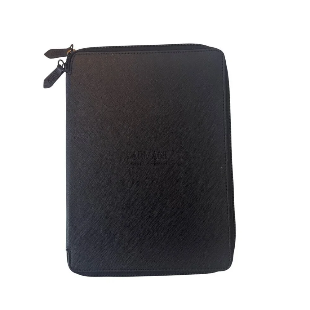 Armani Collection Black Zippered Portfolio Organizer With Two Inner Pockets For
